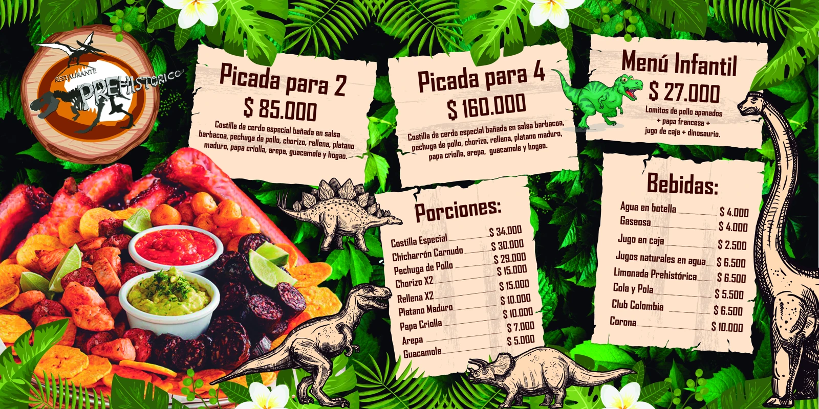 Restaurante Prehistórico menu: sharing platters for 2 and for 4, kids' menu, sides and drinks