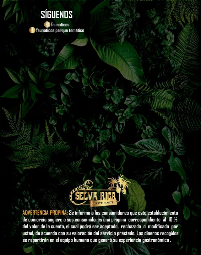Back cover of the Selva Rica menu: social media and tipping notice