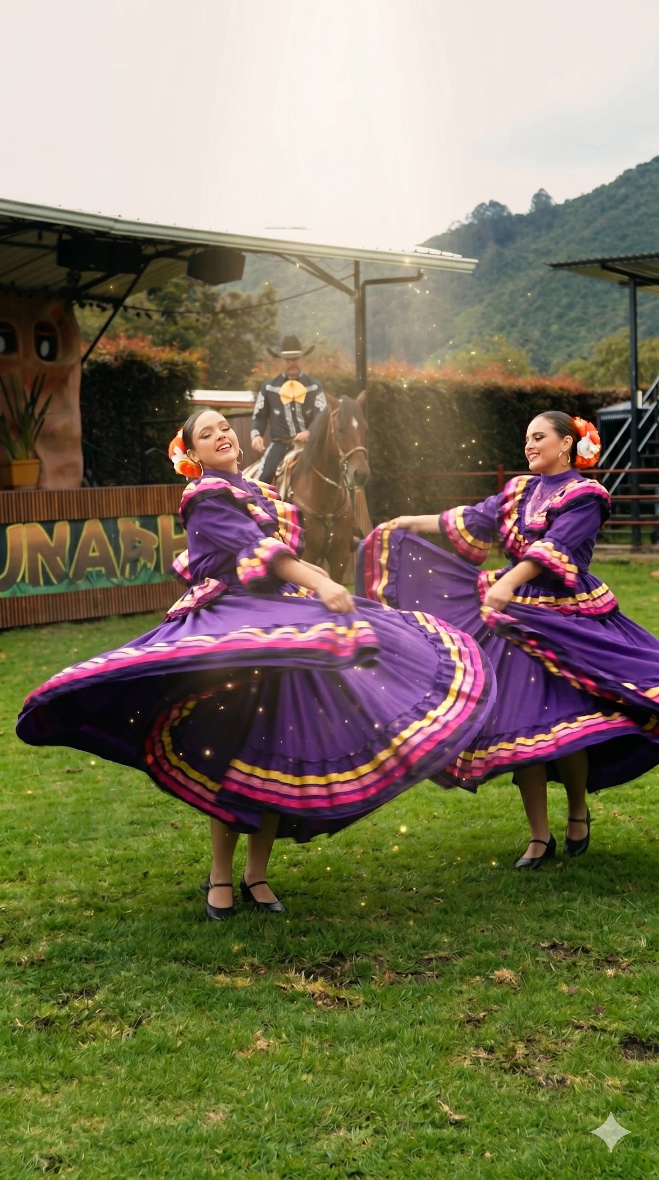 Dancers in purple dresses performing at Faunáticos