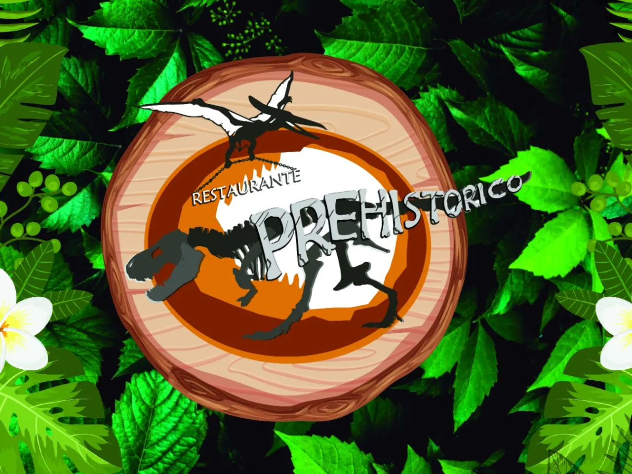Logo del Restaurante Prehistórico entre hojas de la selva